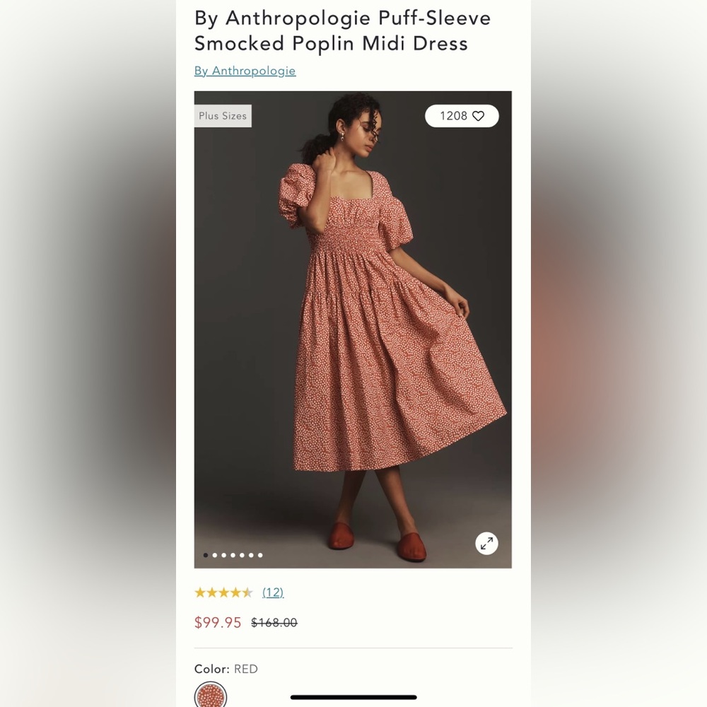 BY ANTHROPOLOGIE PUFF-SLEEVE SMOCKED POPLIN MIDI DRESS